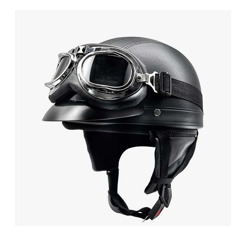 Leather Look Motorcycle Helmet, Safe Riding for Men & Women, Four Seasons, French & American Retro Style with Neck Gaiter