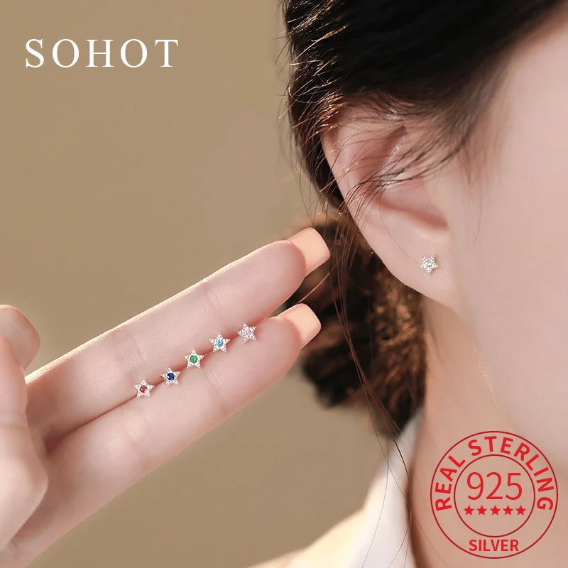 

Real 925 Sterling Silver Mini Colorful Star Zircon Stud Earrings for Charming Women Fine Jewelry Light Luxury Accessory