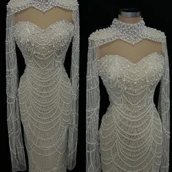 Luxurious Wedding Dresses For Women Pearls Beading Bride Gown Sequins Long Sleeve High Neck Princess Vestidos De Novia