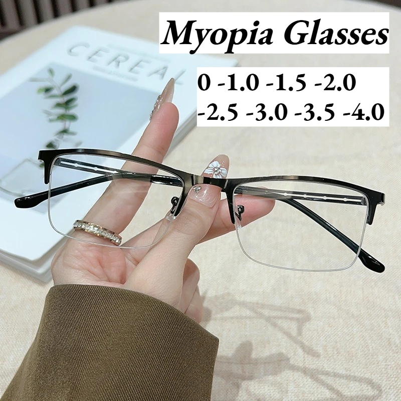 

2025 New Fashionable Semi-rimless Myopia Glasses Openwork Temple Arms Unisex Business Minus Diopter Eyeglasses 0 To -4.0