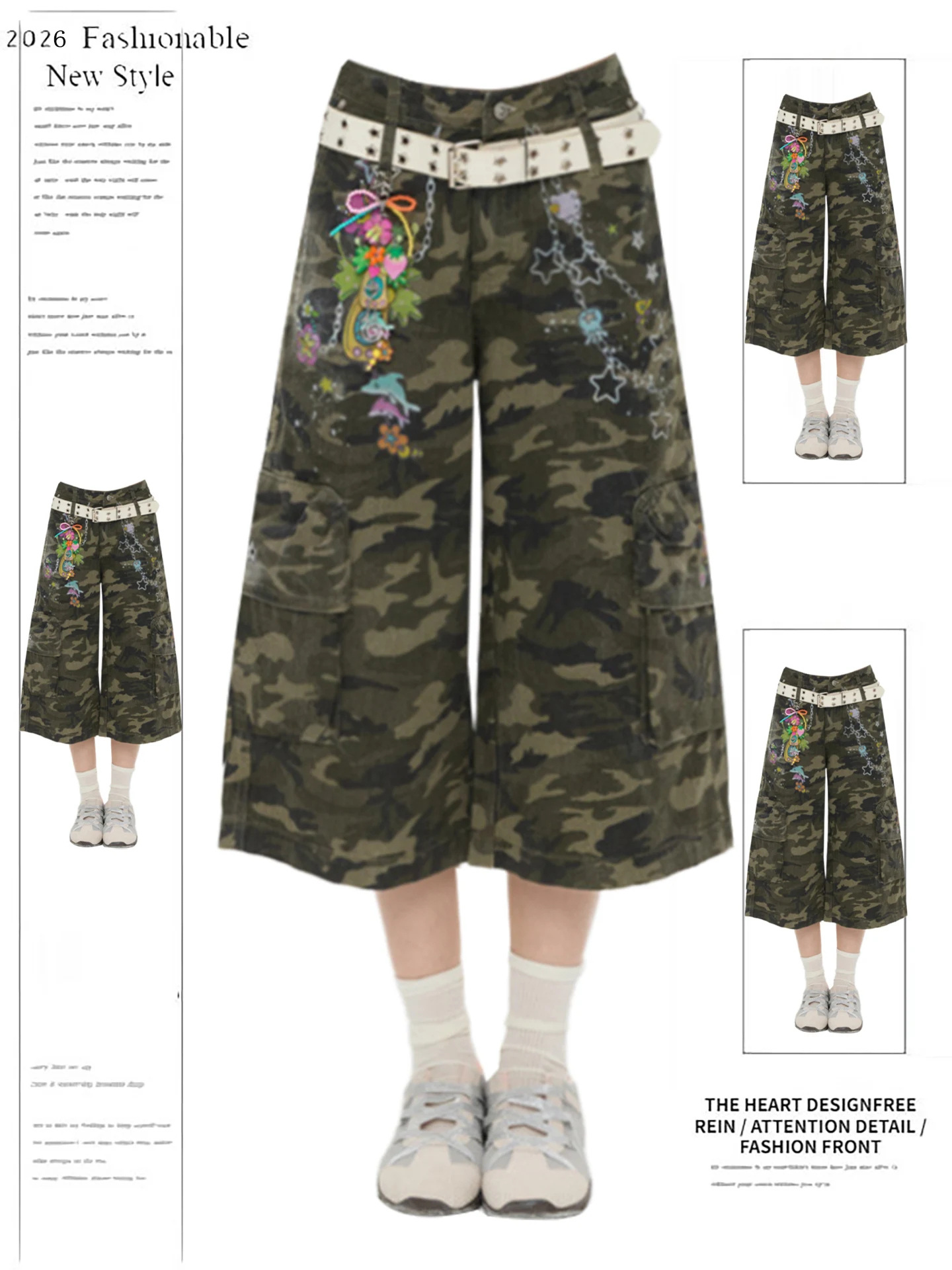 

American Retro Camouflage Pants Loose Wide Leg Workwear orts Women's Summer 2026 New Sle Multi-ket Seven-Foot Jeans