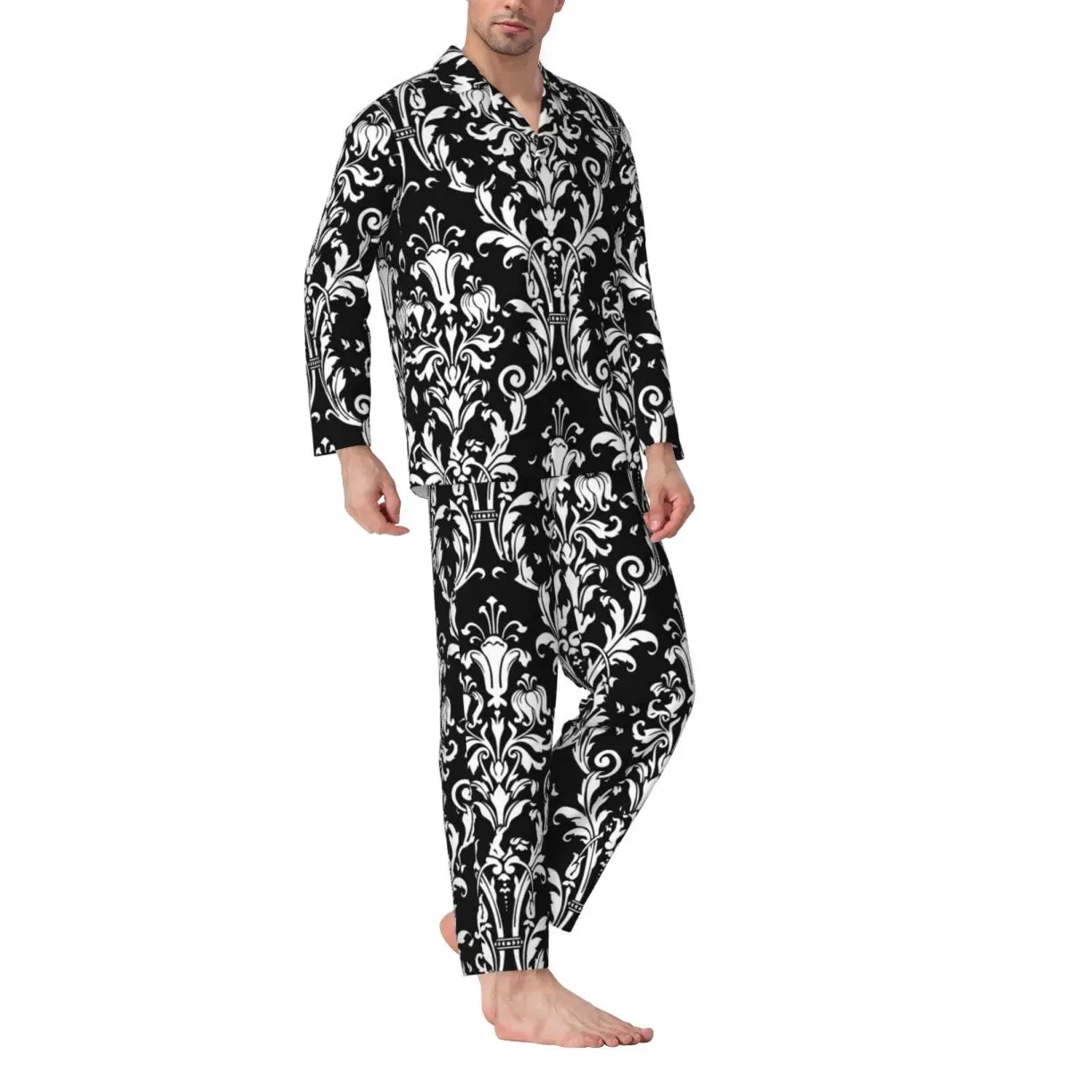 

Damask Print Pajama Sets Autumn Floral Swirls Trendy Daily Sleepwear Male Two Piece Vintage Oversized Printed Nightwear Gift