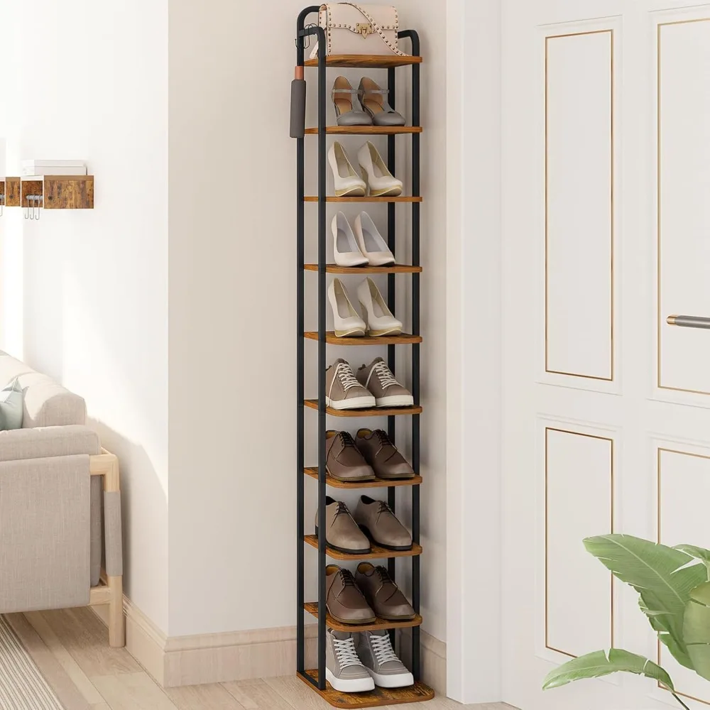 

Wood Shoe Organizer for Closet, Entryway, Shoe Tower for Small Spaces, Free Standing, Adjustable, with 2 Hooks, 10 Tier Rustic