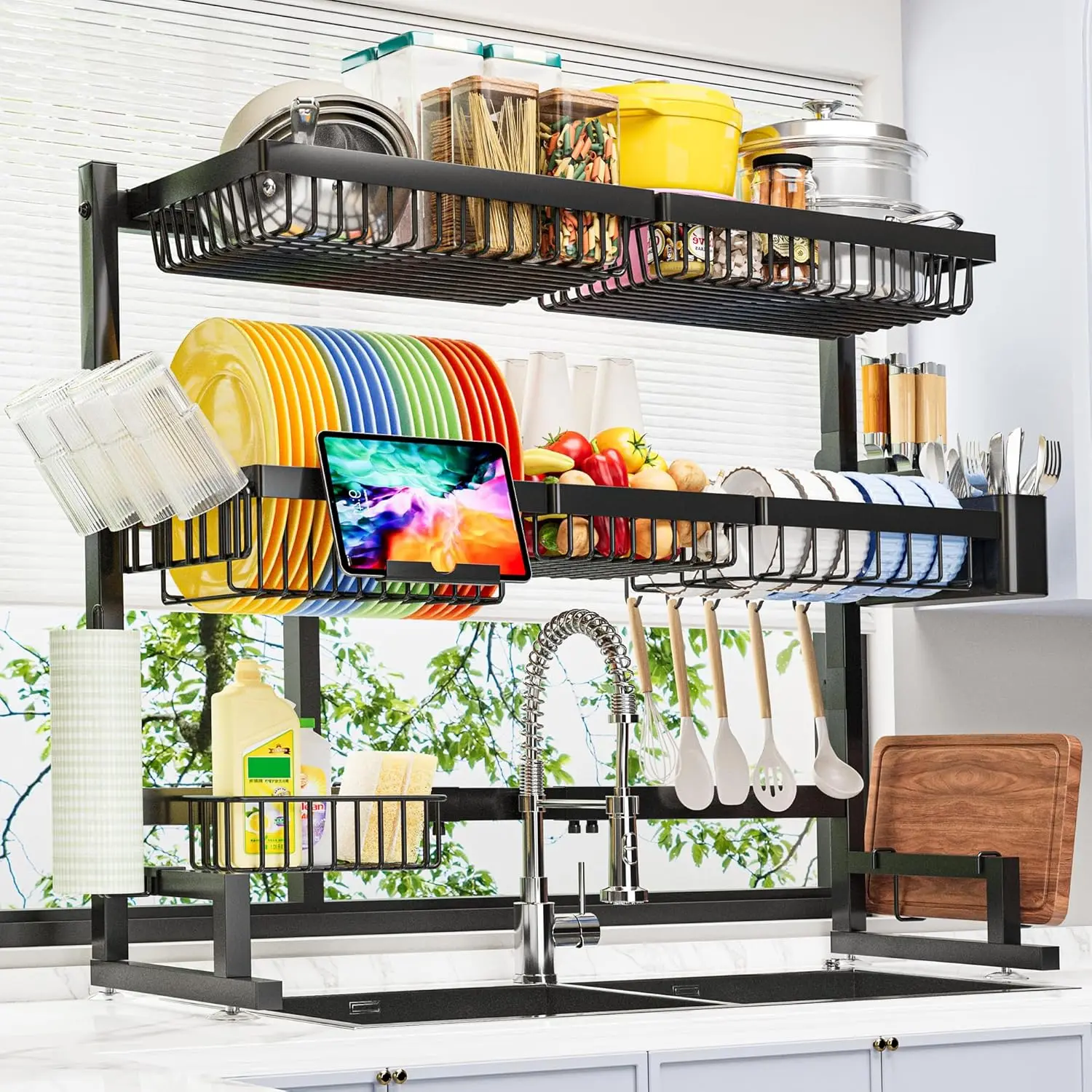 

Expandable Over Sink Dish Drying Rack, Adjustable Height and Length, 2-Tier Large Design for Kitchen Organization