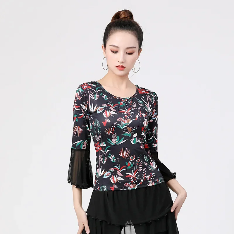 lady waltz dancing floral blouse woman fashion print ballroom dancing top