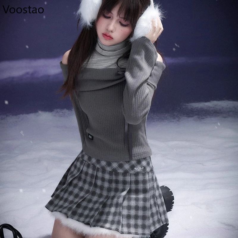 

Autumn Winter Vintage 2 Piece Set Women Sweet Off Shoulder Knitted Sweater Tops Plaid Mini Pleated Skirt Korean Fashion Y2k Suit