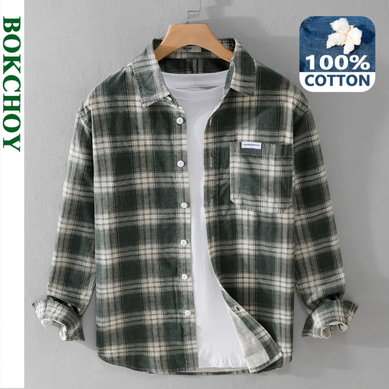 2024 Spring Autumn New Pure Cotton Casual Plaid Long Sleeve Shirts for Men Clothing Simple Soft Streetwear FY6105