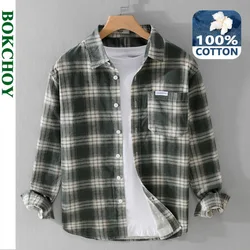 2024 Spring Autumn New Pure Cotton Casual Plaid Long Sleeve Shirts for Men Clothing Simple Soft Streetwear FY6105