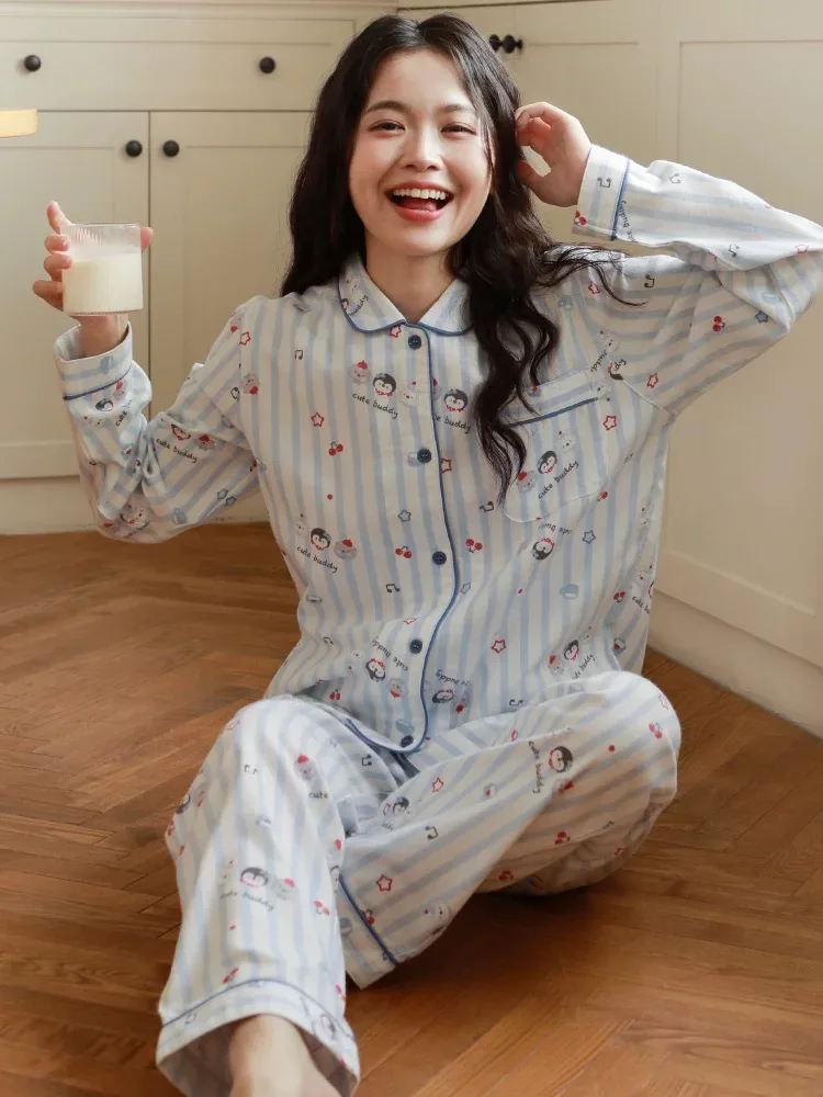 

Cute Cartoon Penguin Spwear Long Sve Cotton Flannel Home Clothes Set for Women Spring Autumn Winter Comfortable Pajamas