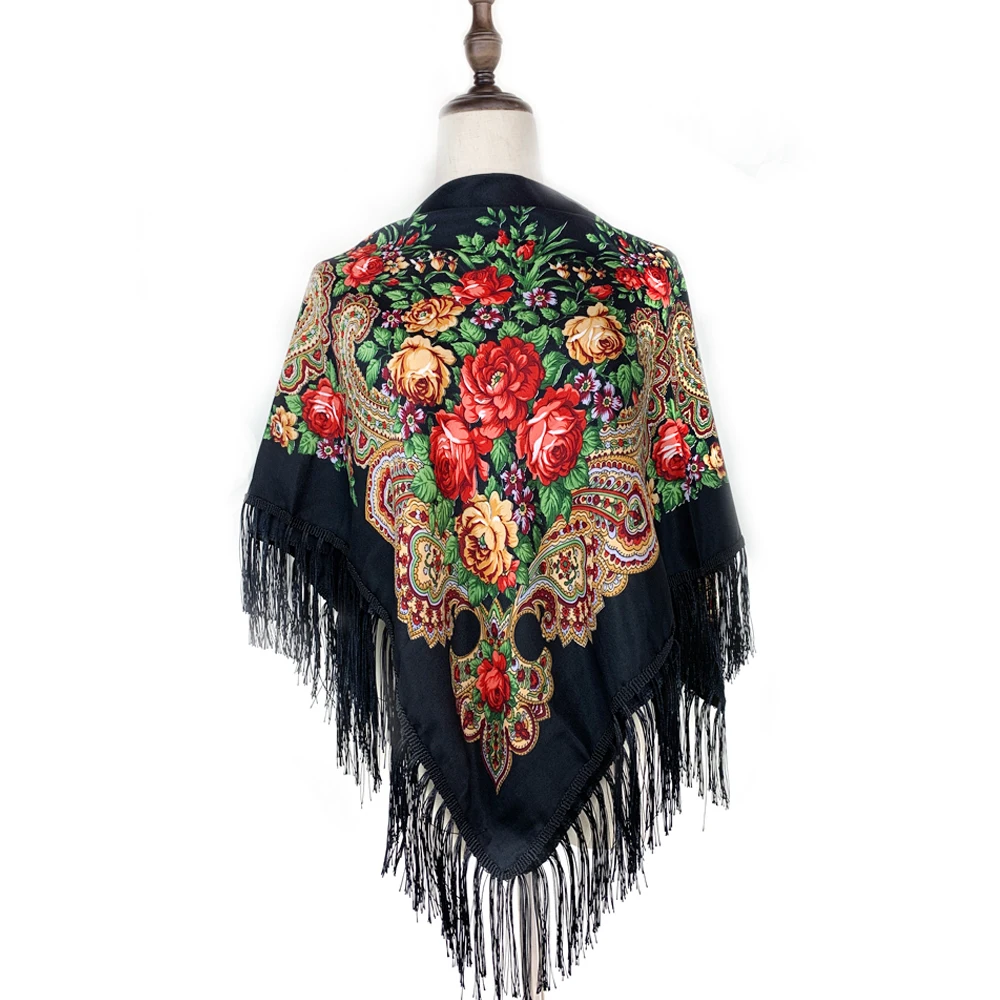 Russian National Square Scarf for Women Luxury Floral Print BandanaHead Scarves Ladies Fringed Winter Scarves Blanket Shawl