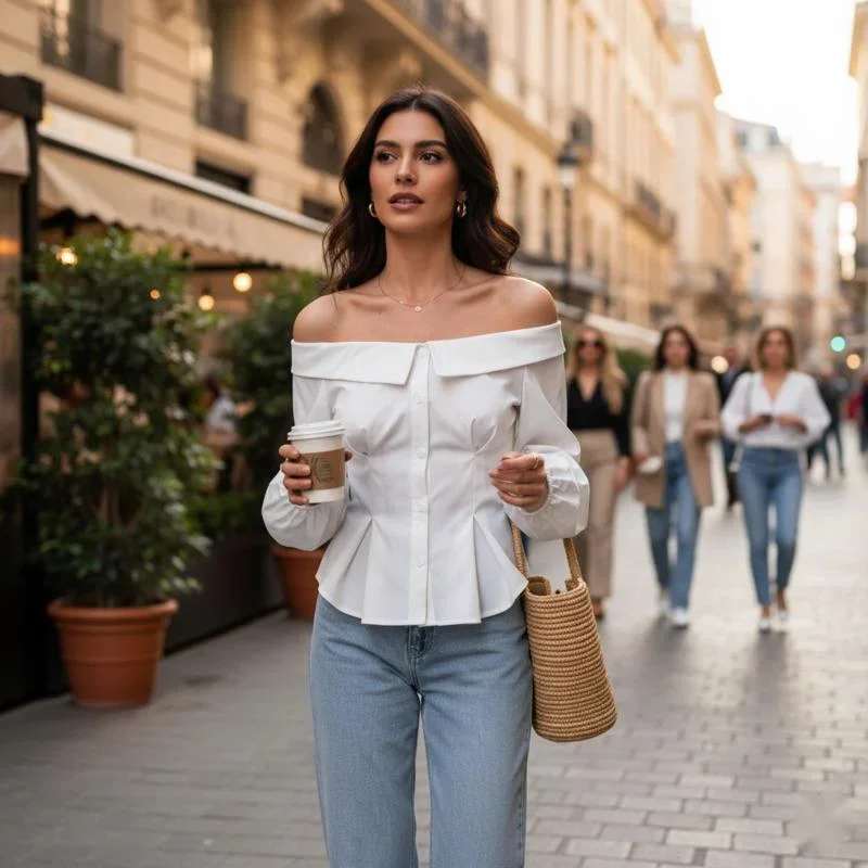

Elegant Off Shoulder Blouse For Women Slim Fit Long Sleeve Top Soft Fabric Fashion Style Suitable For Daily Spring Summer Wear