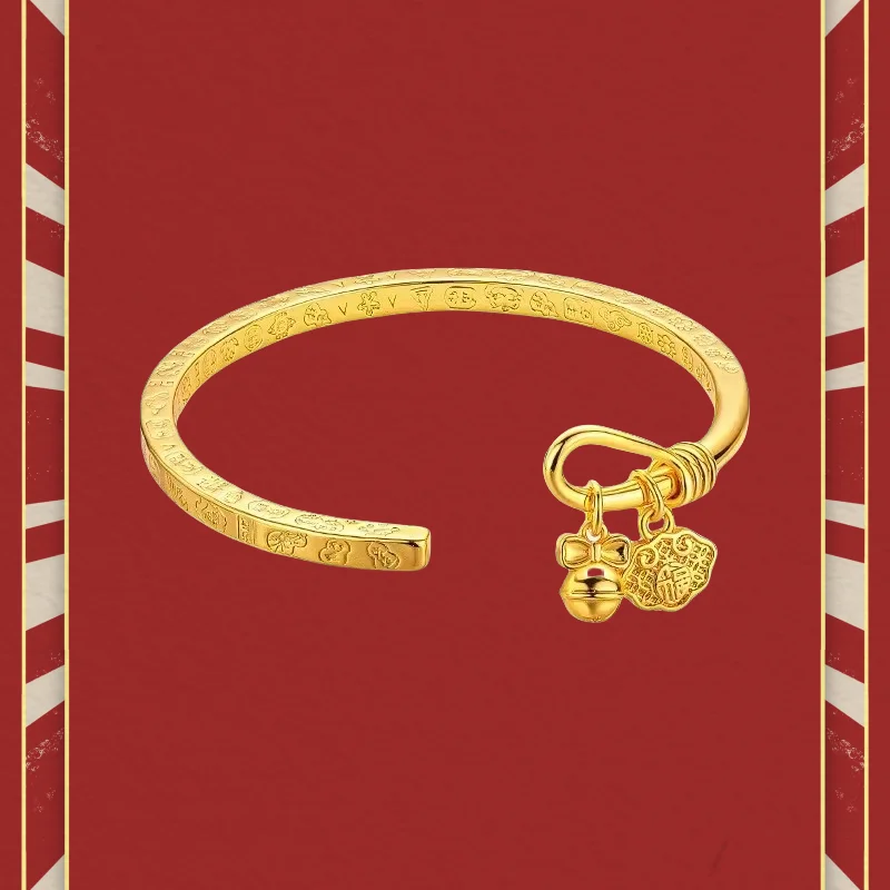 

9999 24K real gold 5D Gold Buckle Bracelet 2024 New Versatile Opening Ethnic Style Hanging Bells Bangles for Women