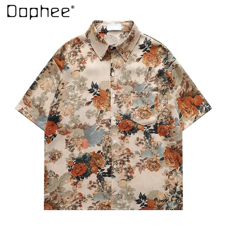 

Summer Men's Vintage Floral Print Short Sleeve Shirt Casual Loose Streetwear Button Down Top for Daily Wear and Vacation
