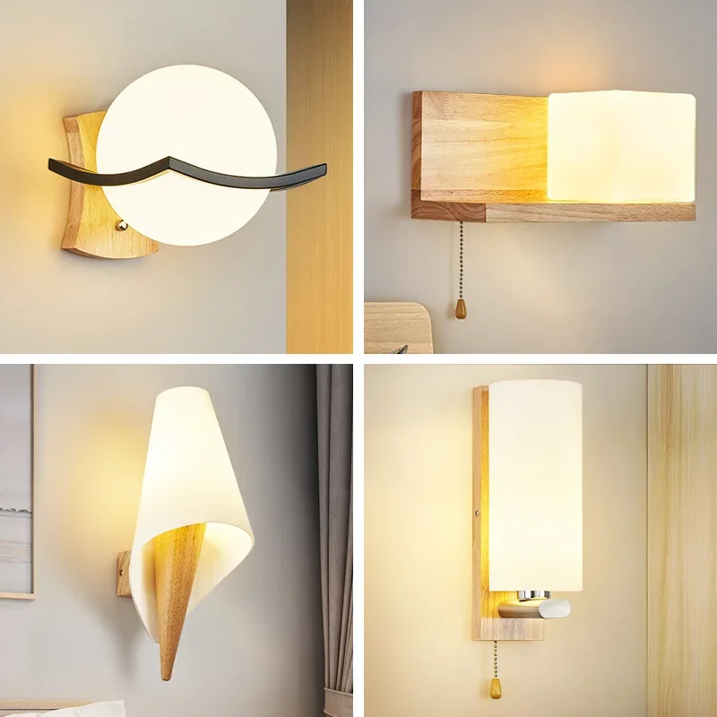 

Nordic Solid Wood Lustre Glass Living Room Fixtures Bedroom Led Wall Lights Corrdior