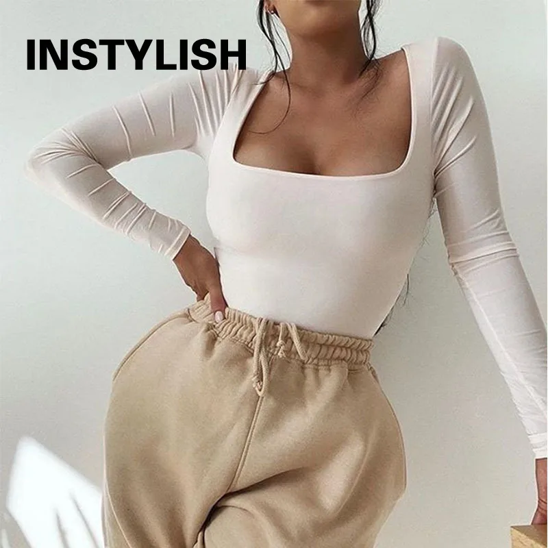 

Элегантный боди с длинными рукавами, повседневный однотонный облегающий комбинезон с квадратным воротником, женские осенние тонкие комбинезоны, топы, уличная одежда, комбинезоны