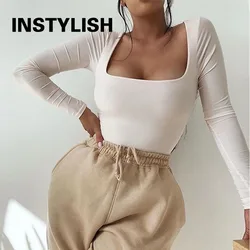 Elegant Long Sleeve Bodysuit Casual Square Collar Solid Bodycon Jumpsuit Women Autumn Slim Overalls Tops Streetwear Rompers