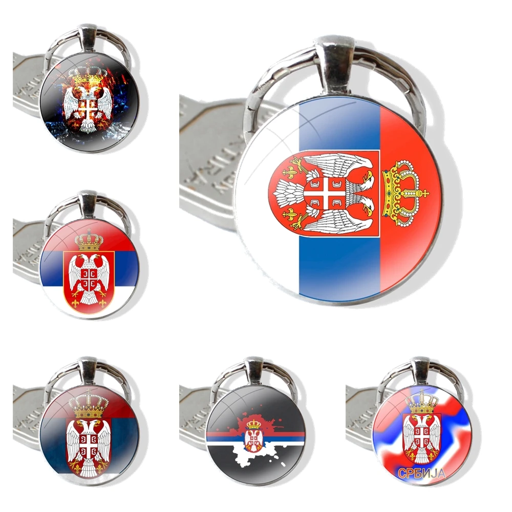 Fashion Creative Design Cartoon Keychain Handmade Glass Cabochon Key Ring Holder Pendant Key Chains Serbia Flag