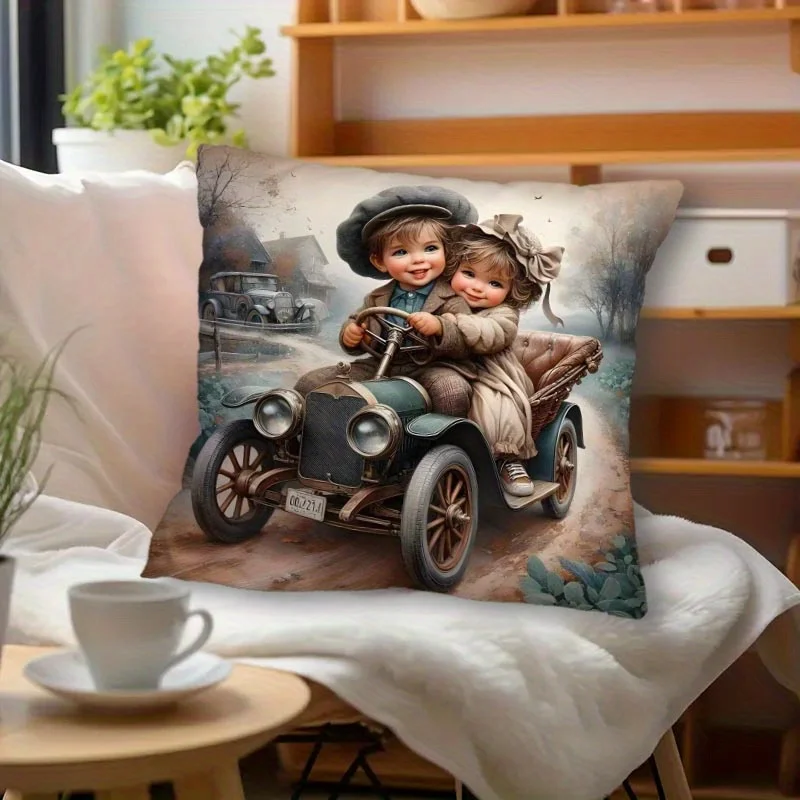 1pc 2D Flat Pillow Not Included Vintage Kids Driving Old Car Illustration Cushion Cover Short Plush Nostalgic HomeDecor GiftCase