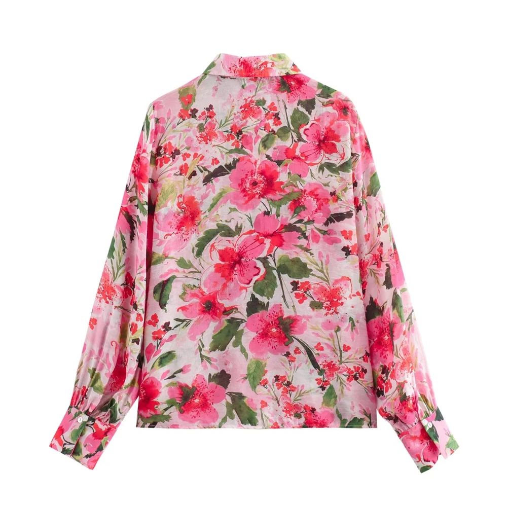 Taop&Za 2024 Summer Women\'s Fashion Western Style Leisure Flower Print Long sleeved Buckle Collar Shirt