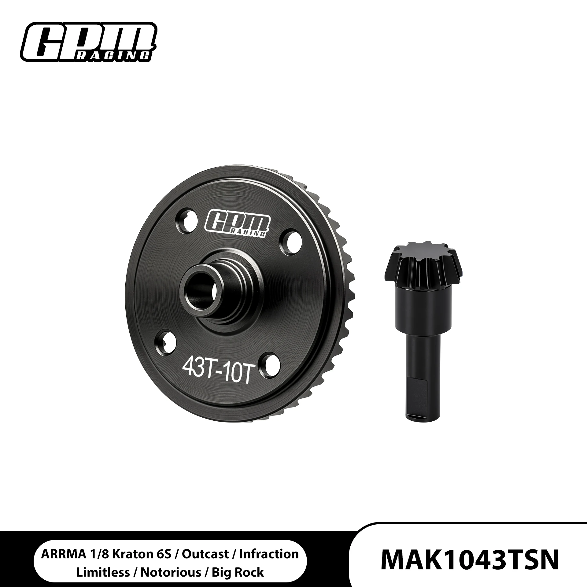 GPM 40Cr Steel Front / Rear Diff Gear Main 43T Spiral & Pinion Gear 10T / 1.0Mod For ARRMA 1/8 Kraton 6S / Talion / Outcast