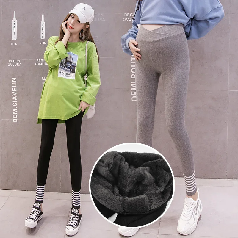 Winter Maternity Plus Velvet Thickening Leggings Pants Clothes For Pregnant Women Warm High Waist Suspender Pregnancy Trousers