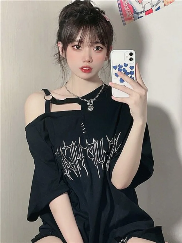 QWEEK Y2k Gothic Harajuku T Shirts Women Goth Dark Grunge Streetwear Letter Off Shoulder Tshirt Black Tops2023 Summer Fashion