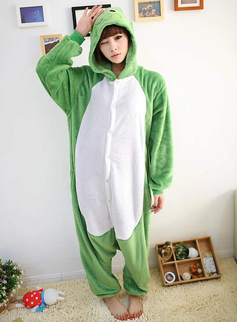 Plush Animal Onesie Green Frog Cosplay Costume Unisex Adult One-piece Pajamas Flannel Homewear Sleepwear Jumpsuit for Women Men