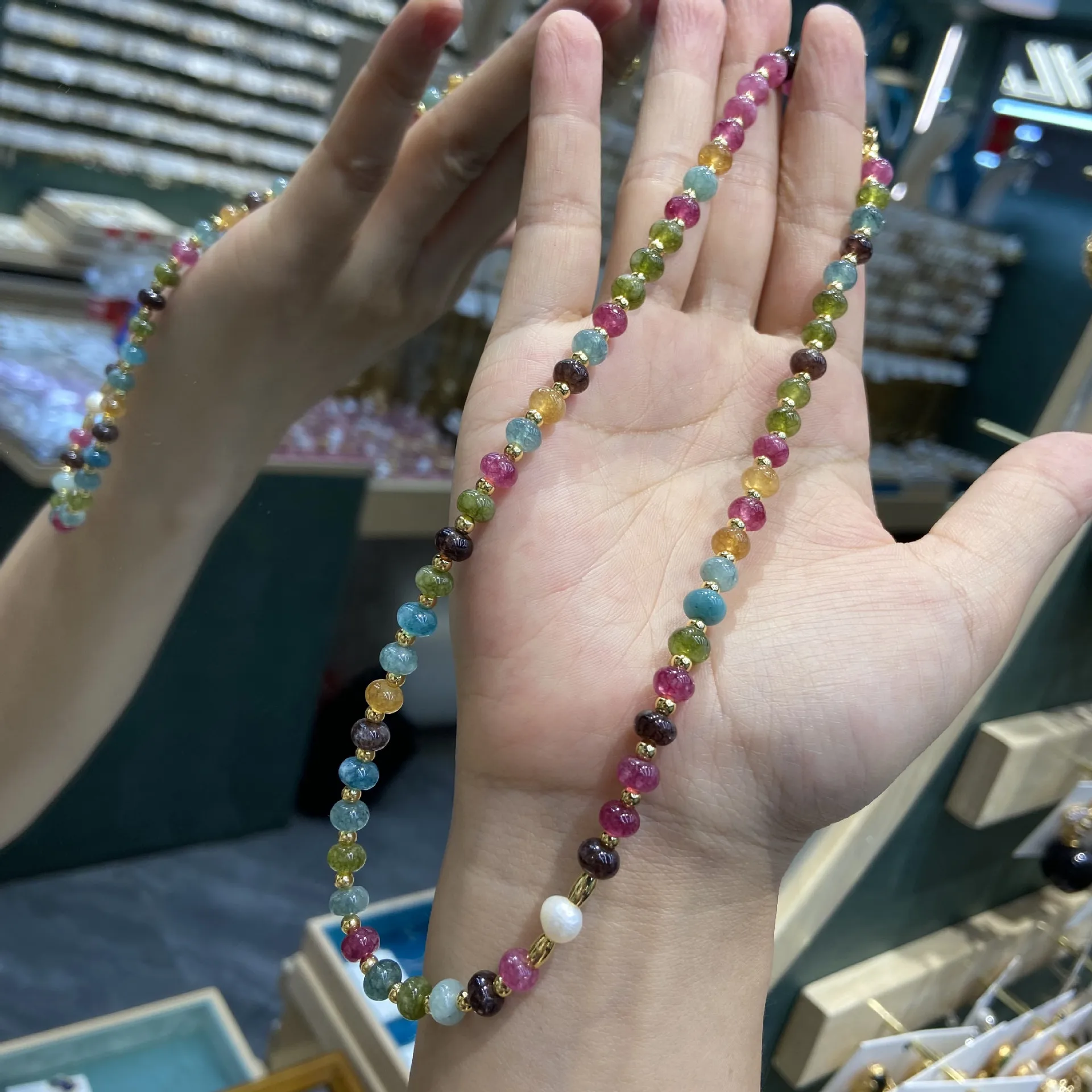 

Ожерелье из бисера с турмалином и допамином, маленькие круглые бусины, цветной натуральный камень, колье-капля, ювелирные изделия для женщин, аксессуары, подарок