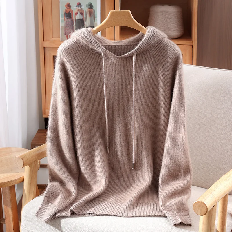 Ladies Fluffy Hood Pullover 100% Mink Cashmere Sweater Drawstring Hood Detail Long Sleeve Petal Fluid Noble Unrushed Knit Top