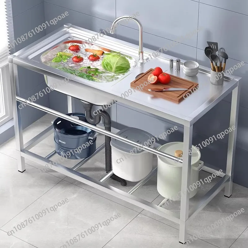 

Stainless Steel Sink Kitchen Household Thickened Single Trough with Bracket Wash Basin Sink with Platform Easy Landing