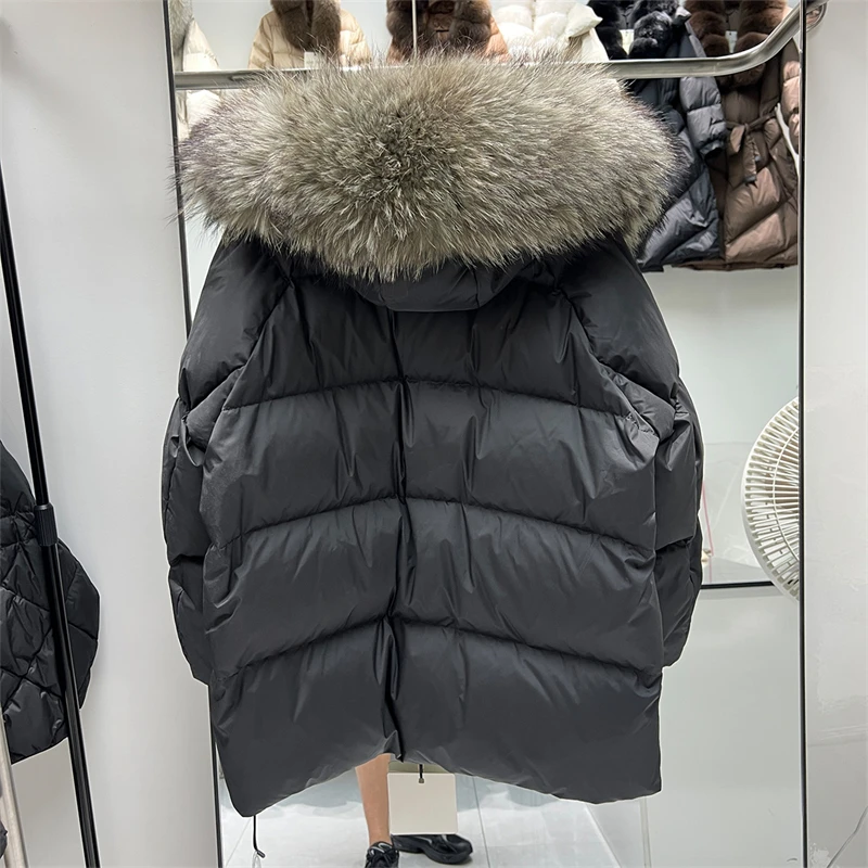 WinterNew Arrival HighQuality Female PufferJacket withReal Otter Fur Collar MidLength Loose Thickened Knitted Splicing Outerwear