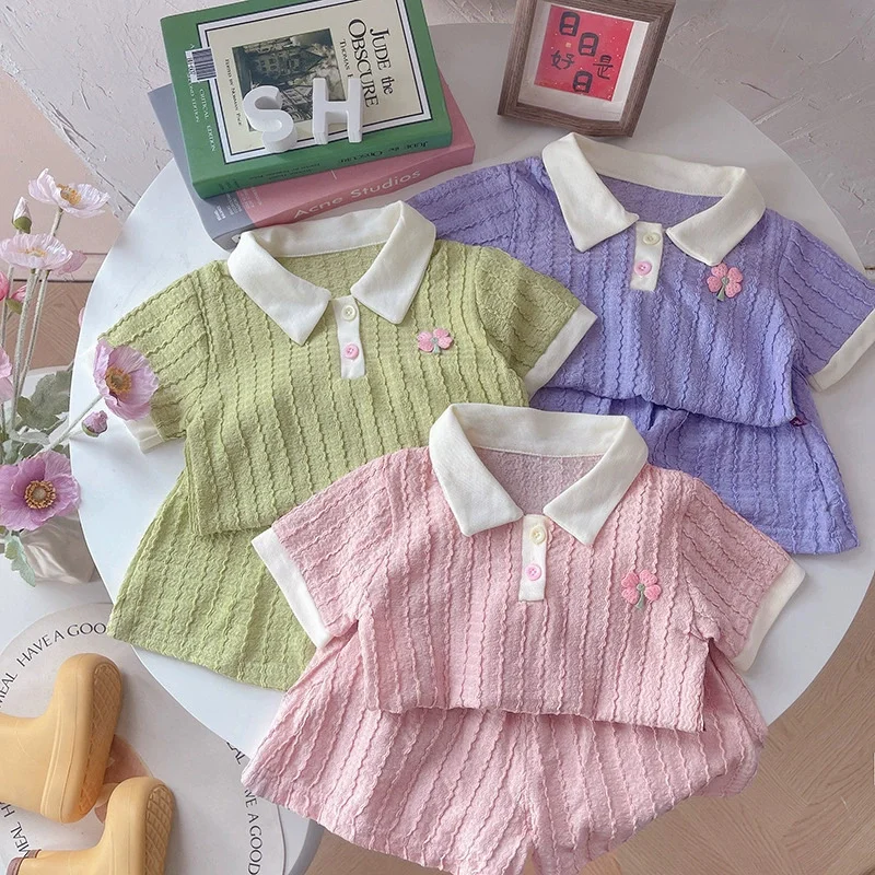 Girls Short-Sleeved Sets Summer Children Sweet Suit 2026 New Baby Solid-Colour Floral Top Shorts 2Pcs Kids Casual Clothes Outfit