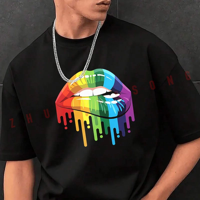 

Rainbow Lips Design Men's Fashion T-shirt Casual Trendy Tshirts For Summer Comfortable Short Sleeve Tops