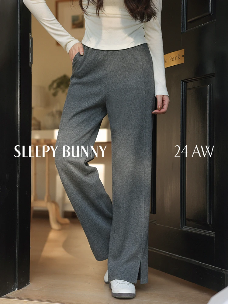 High Waist Knit Wide Leg Pants Brushed Straight Trousers Women Spring Casual Draped Bottoms Petite Slimming Relaxed Lazy Outfit