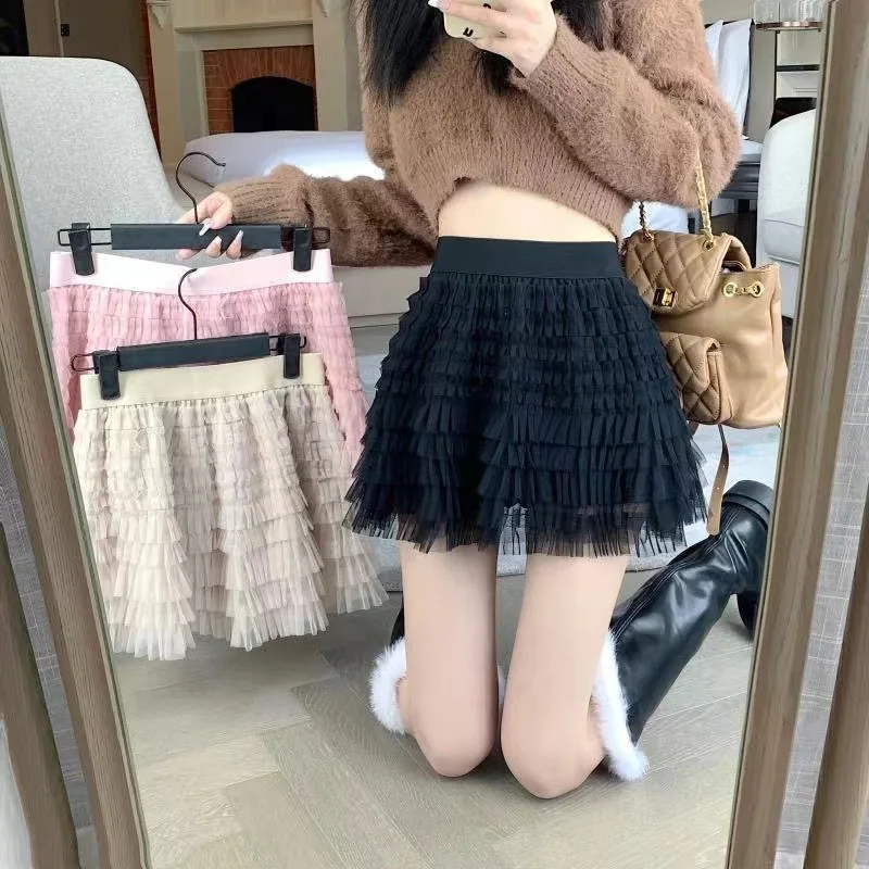 

2025 New Design High Waist A-Line Skirt Women's Spring Autumn Sweet Slimming Me Cake Skirt Ele f-length Skirt