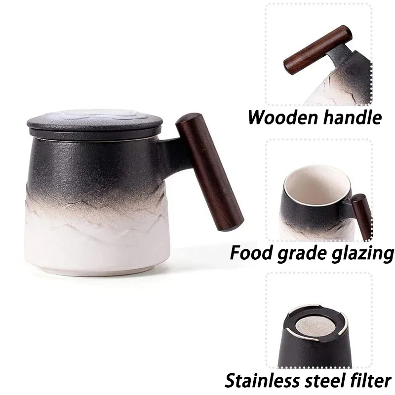 Vintage Ceramic Mugs Wooden Handle Tea Cups with Strainer and Lid Portable Unusual Coffee Mug Personalized Gifts for Father
