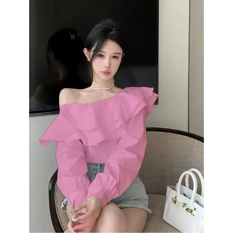 Camisa de manga larga con hombros descubiertos y volantes de doble capa con temperamento francés maduro y elegante, Top holgado para mujer