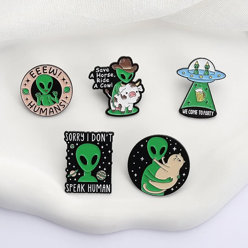 Cartoon UFO Alien Enamel Pins Custom Need To Get Home,Save A Horse Rode A Cow Brooch Cat Angle Beer Ghost Lapel Badges Jewelry