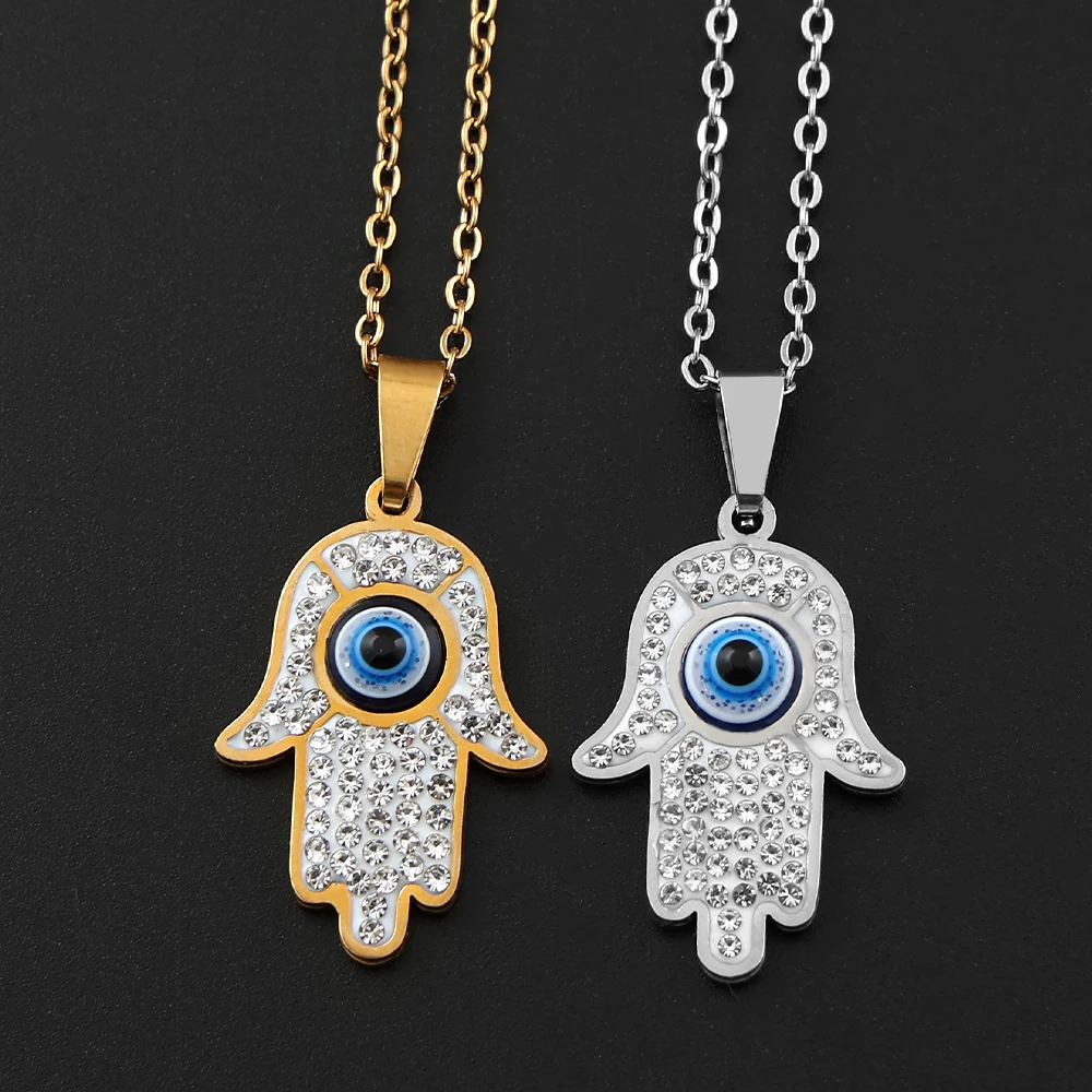 Griechisches Auge Fatima Hand Halskette für Frauen Männer Edelstahl Türkisch Böse Blaue Augenschutz Kette Islamischer Schmuck N8041S01