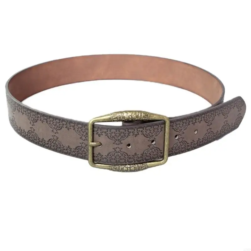 Engraved Embossed Faux Leather Belt Vintage PU Waist Belt with Antique Buckle