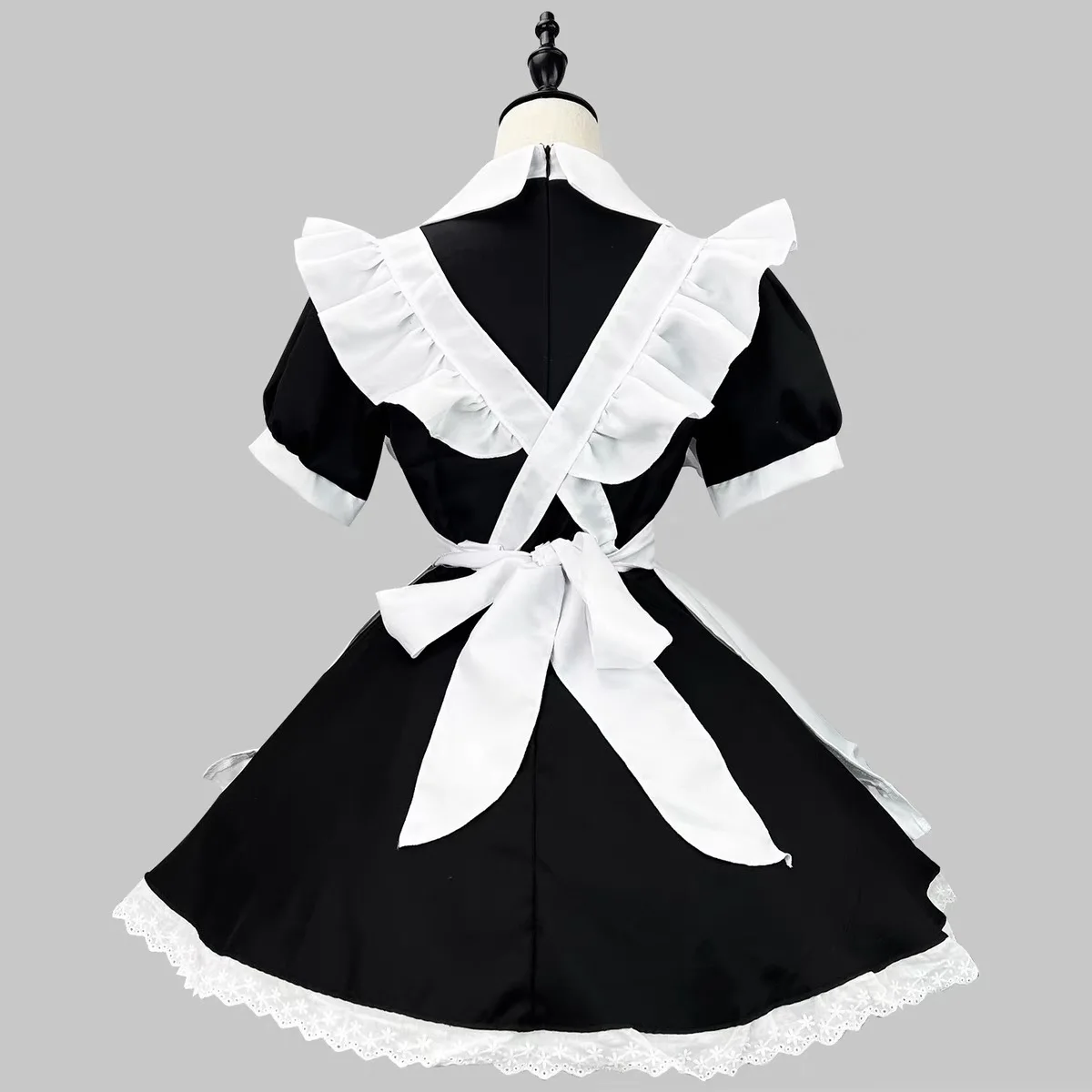 Falda de encaje negro gótico Lolita a medida, delantal de encaje con volantes blancos, vestido de manga corta estilo sirvienta