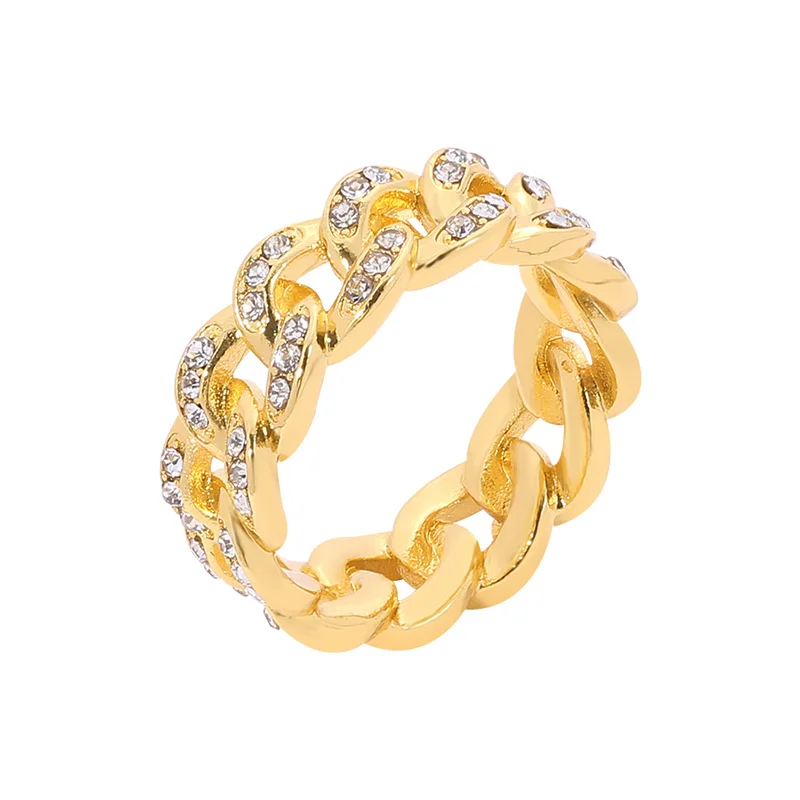 Gold Color Zircon Cuban Link Ring Hip Hop Style for Women And Men Fashion Hippie Jewelry Finger Accessory Wholesale