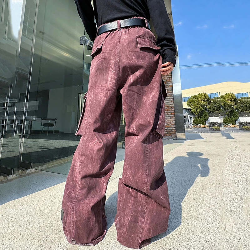 PFNW Menswear Workwear Deconstructed Washed Men's Casual Trousers Burgundy Loose Pleated Design Wide Leg Straight Pants 9C4397