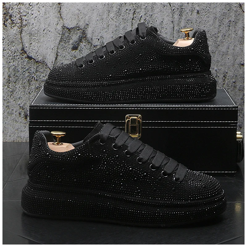 New 2023 Autumn Men Platform Shoes rhinestones Thick-soled Black Silver Shoes Shining Crystal Sneakers Trend Casual Sneakers