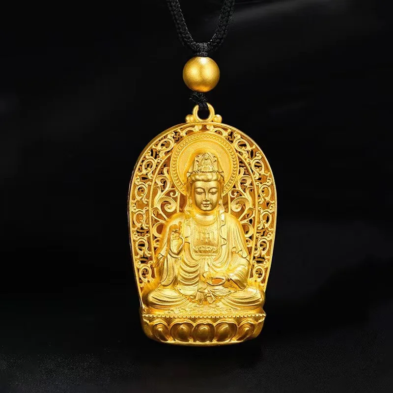 

Gold Color Guanyin Bodhisattva God Pendant Simulation Gold Carved Guanyin Buddhist Prayer Good Lucky Necklace for Men and Women