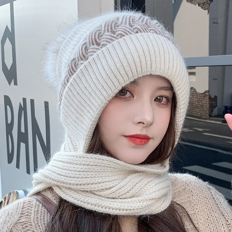 New Hat Scarf All-in-one Female Winter Warm Beanies Hat Scarf Set Rabbit Hair Blend Knitted Hat Scarf for Women Warm Lining Caps