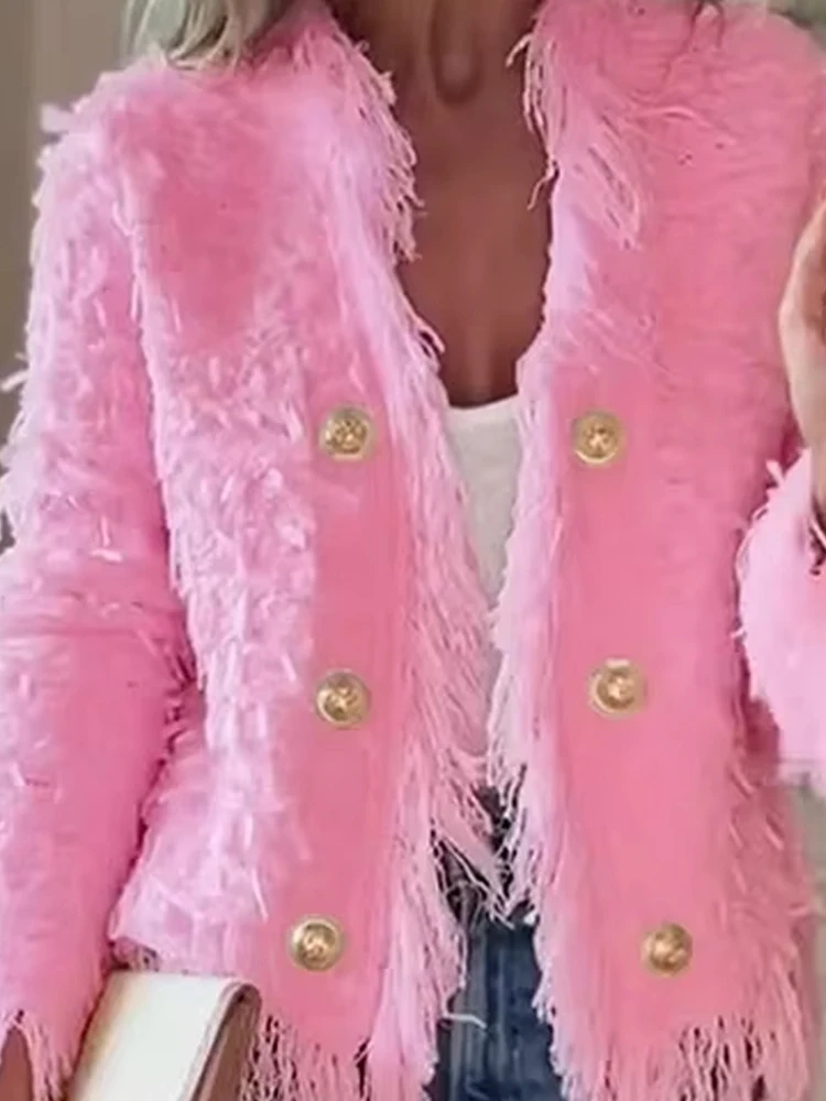 

Casual Long Sleeve Plush Outercoat Autumn Winter Elegant Solid Color Cardigan Coat 2025 Women Fashion V-neck Tassel Short Jacket