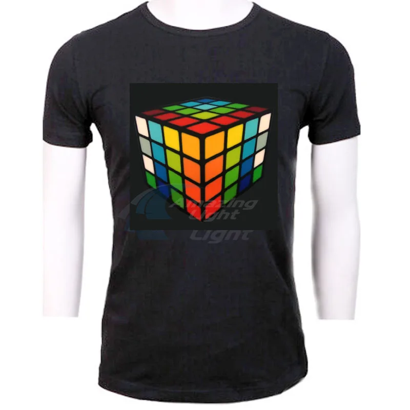 LED T Shirt Music Colorful Rubik's Cube Light Up El Panel T-shirt Sound Activated Flashing El Panel T-shirt