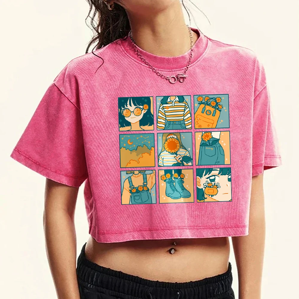 Nine Palace Grid Orange Girl Illustration Print Female T-Shirt Washed Fitness Crop Top Harajuku Clothing Cotton Crewneck T Shirt