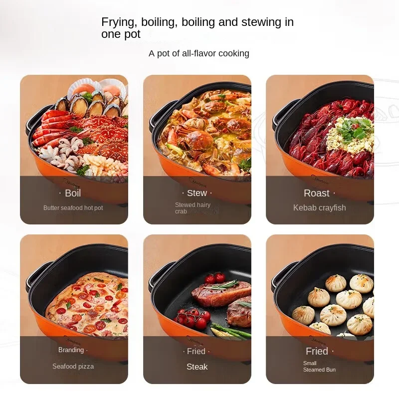 Midea 6L Electric Hot Pot with Stir-frying and Steaming Function, Versatile Cooking Pan LHN30A